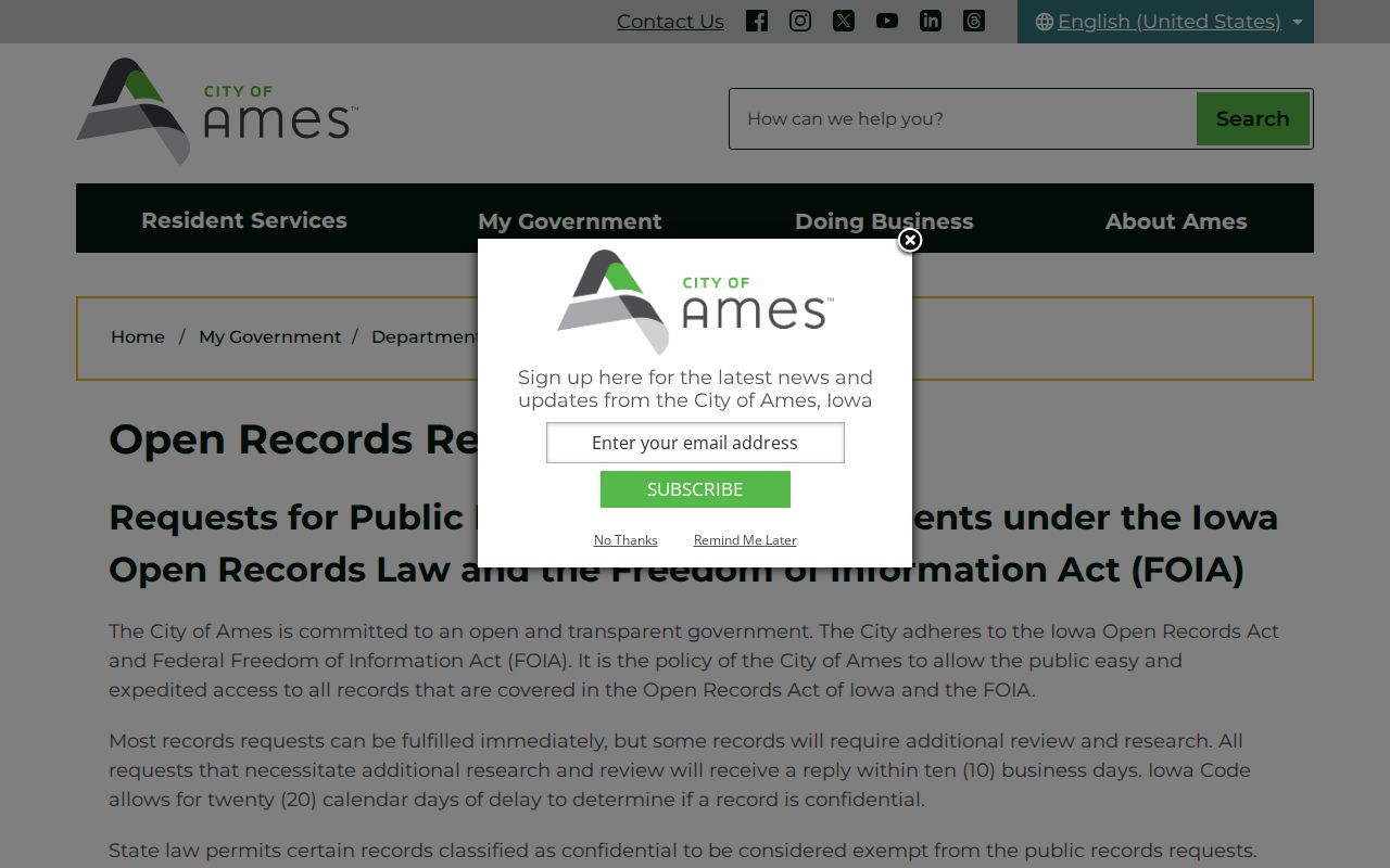 City of Ames open records request page for resident records