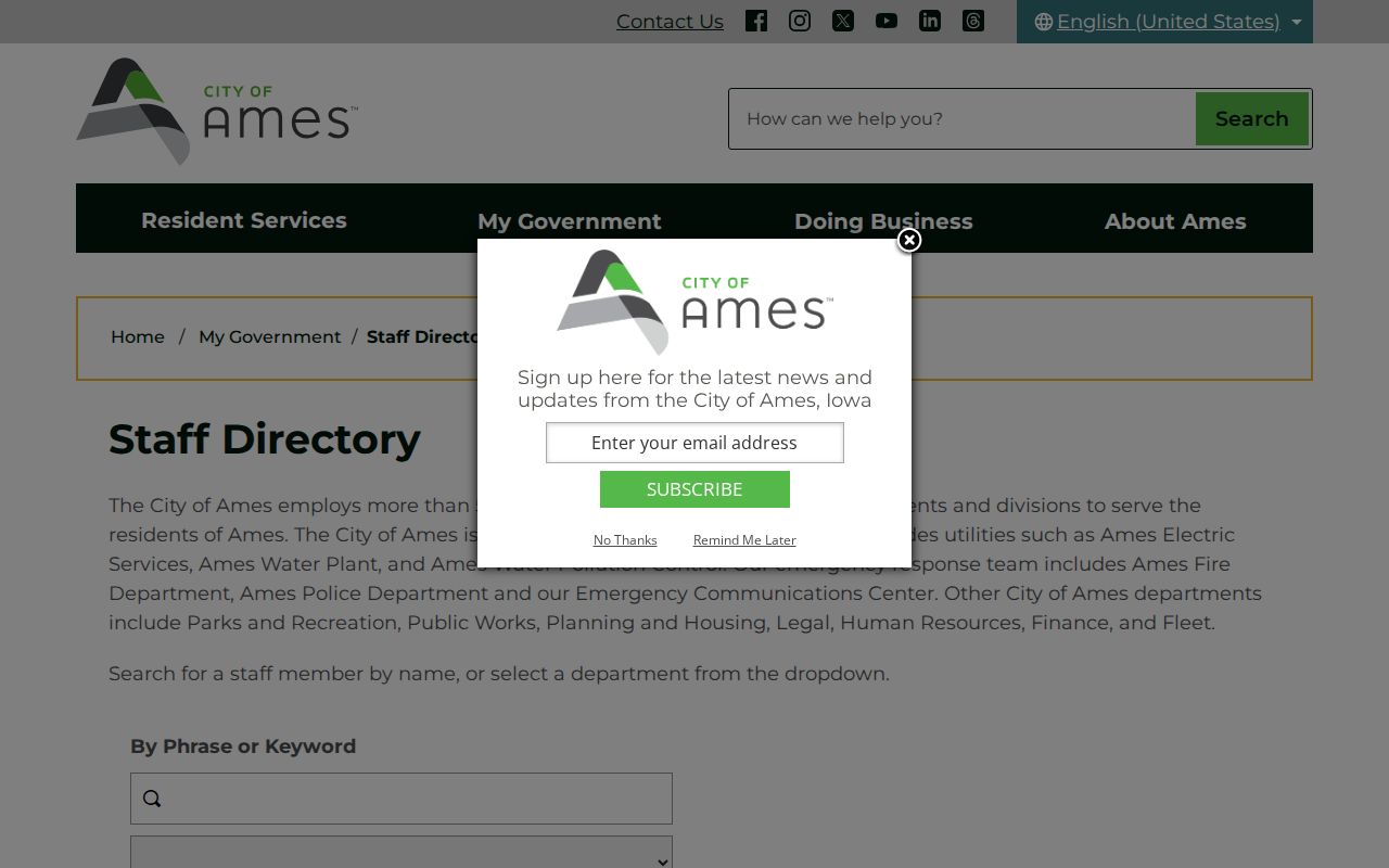 City of Ames staff directory search