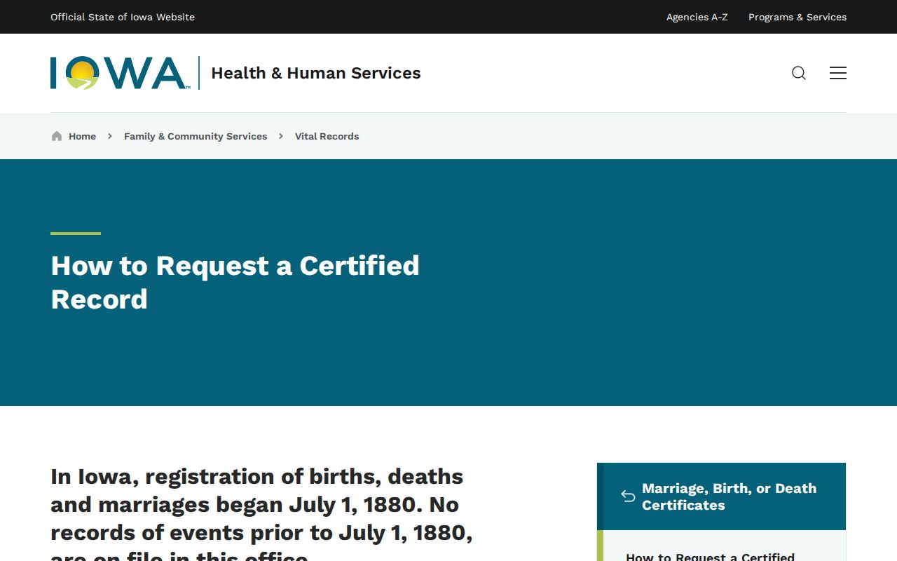Iowa HHS certified vital record request guide for Ames residents