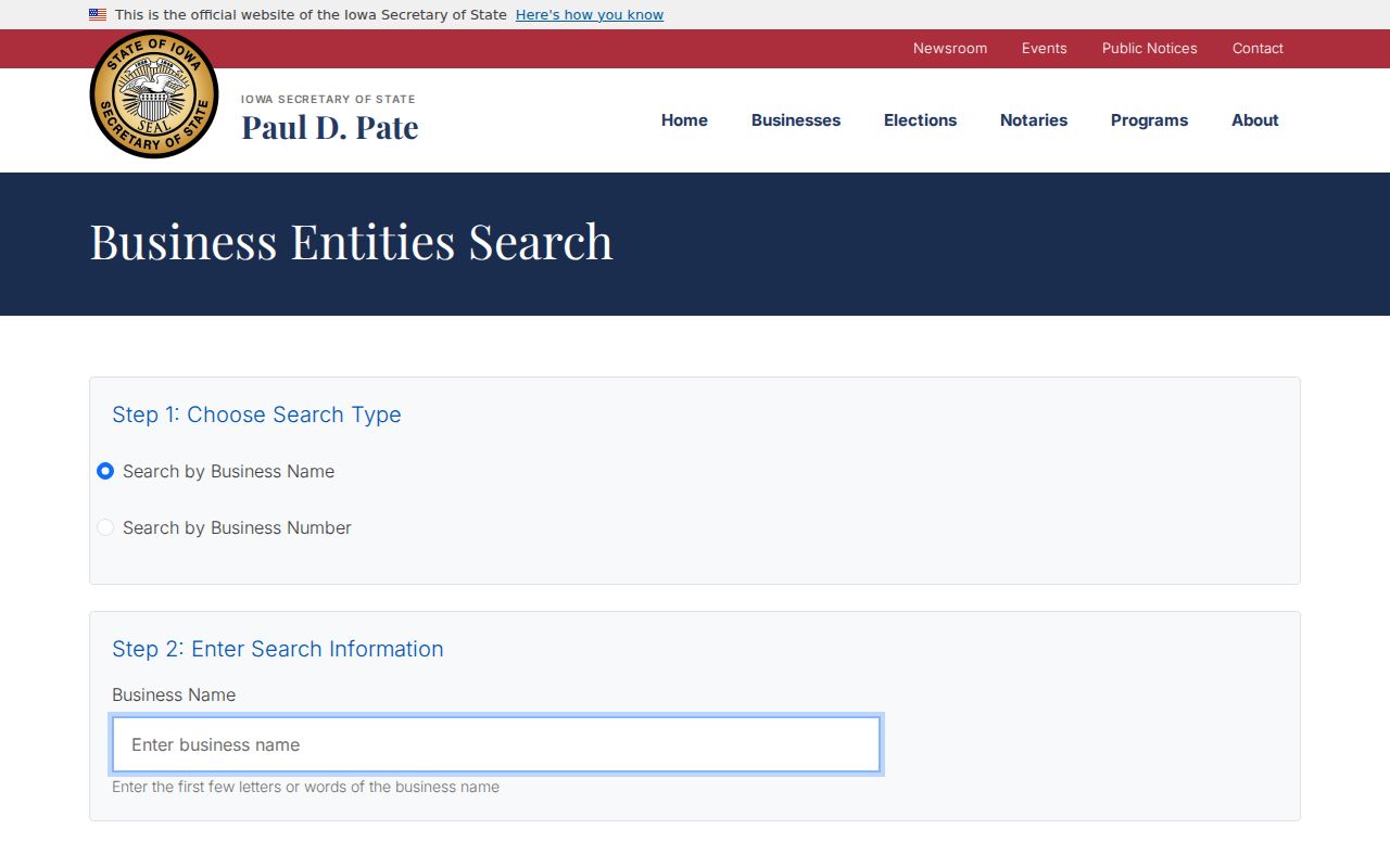 Iowa business entity search used to verify an Ames organization