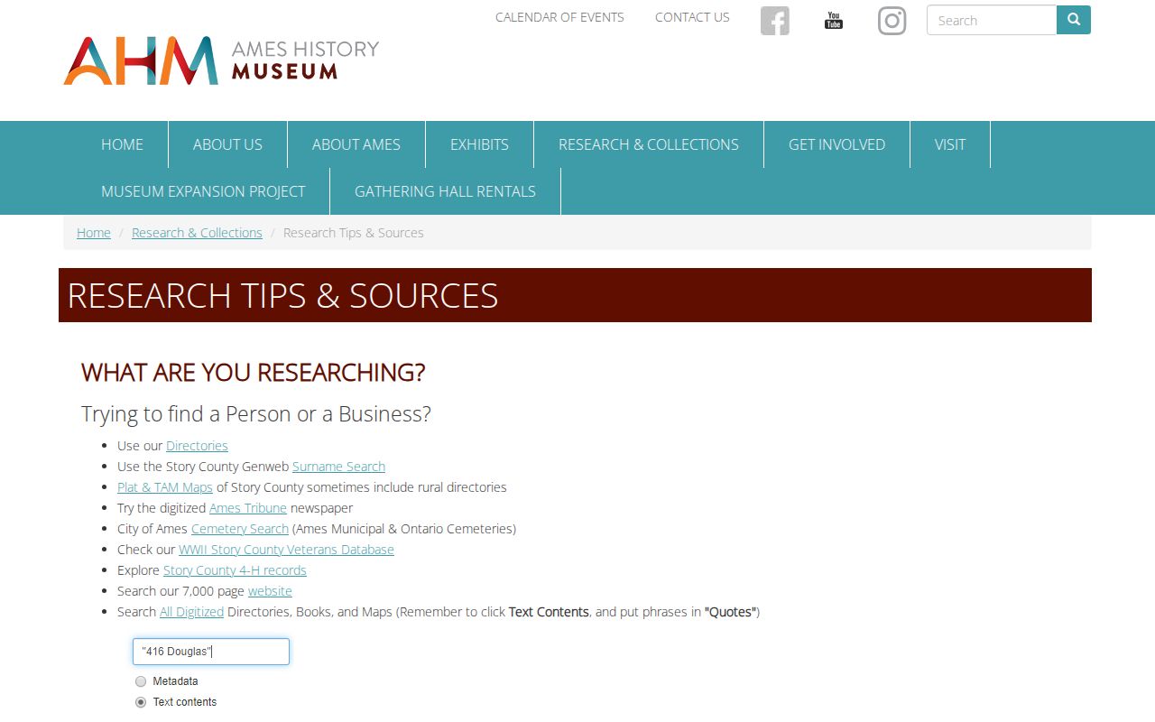 Ames History Museum guide for previous residents research