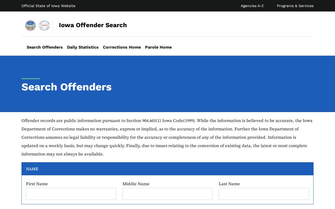 Iowa Department of Corrections official offender name search