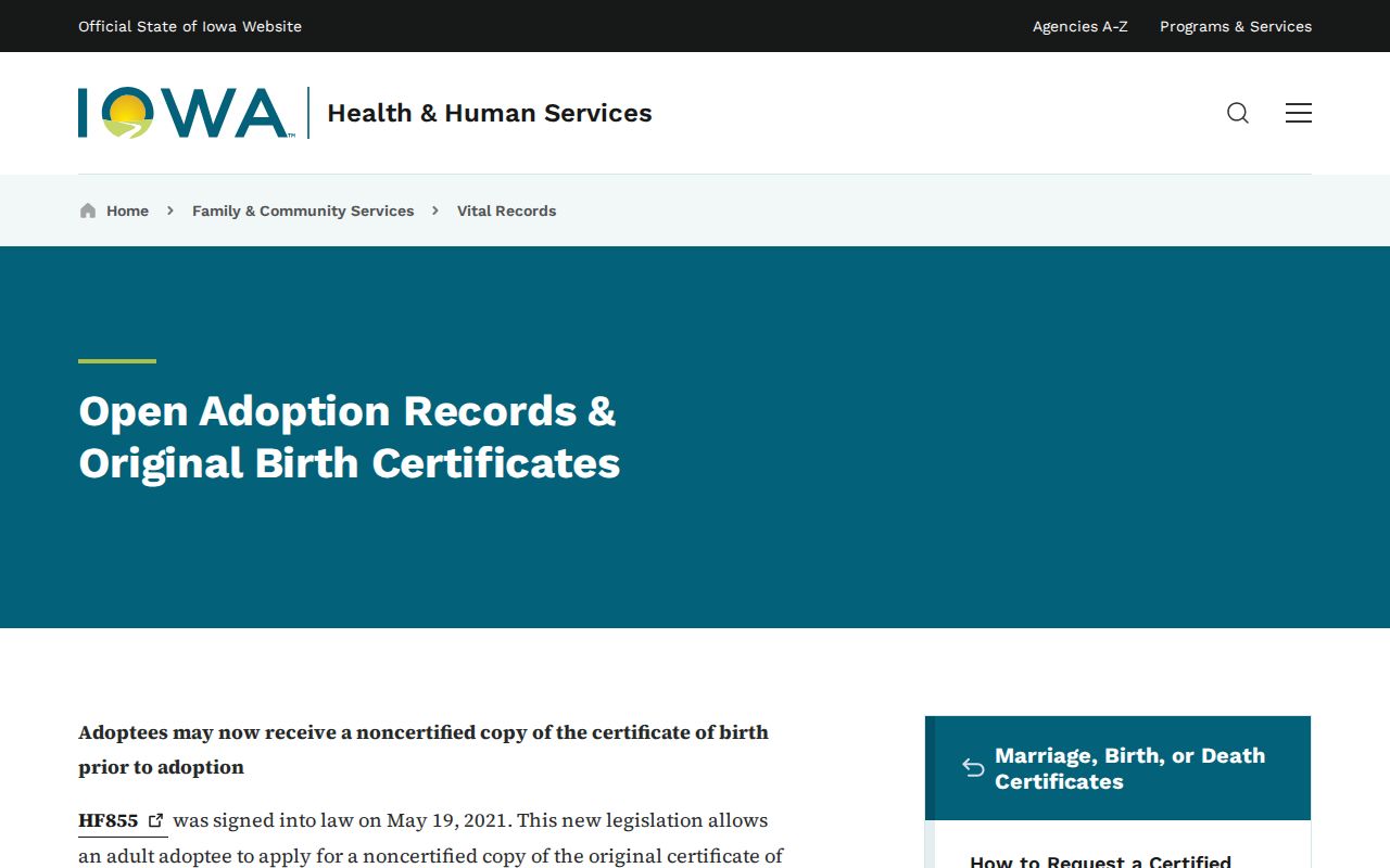 Iowa HHS open adoption and original birth records page used for an Ames resident lookup