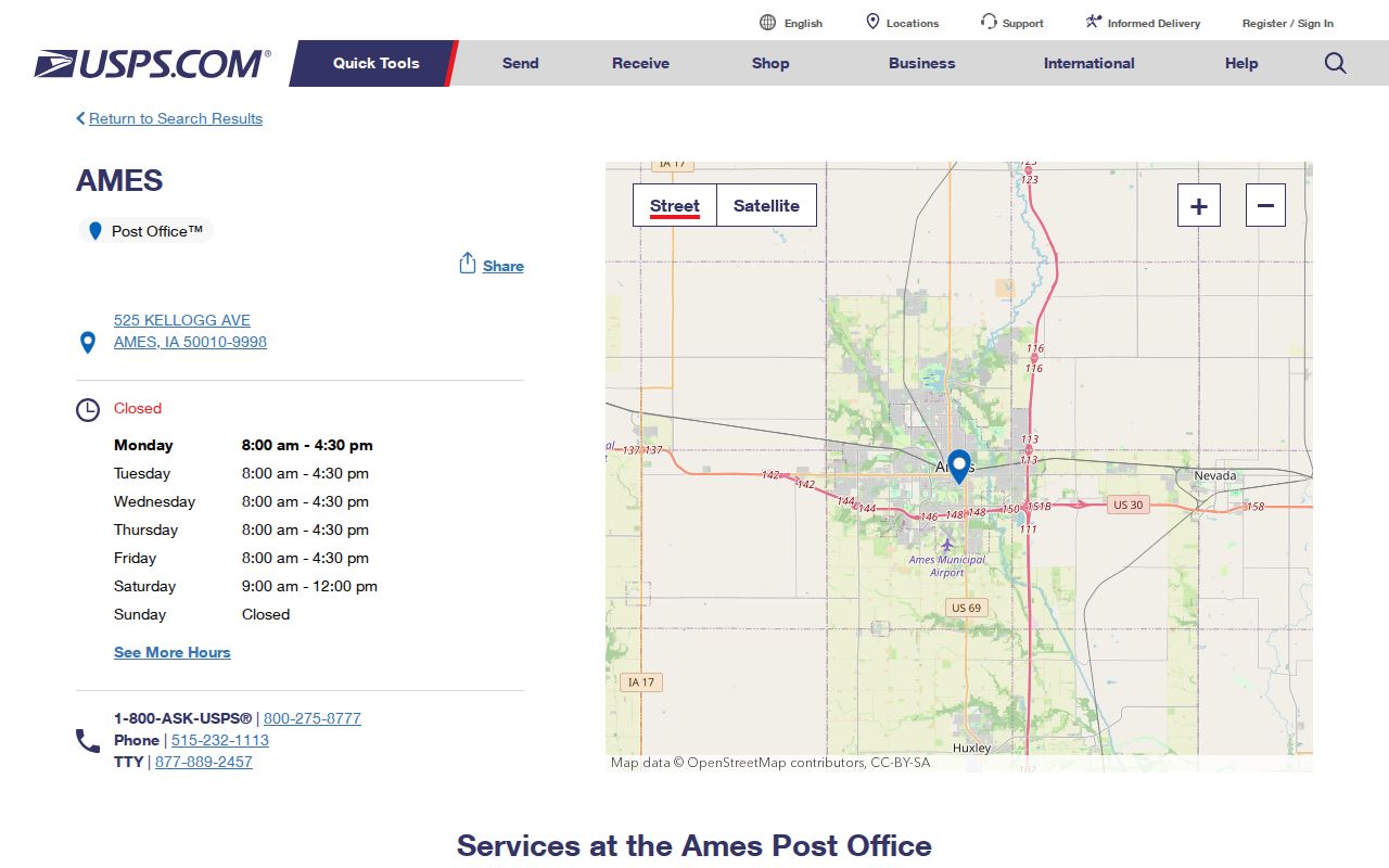 USPS Ames Post Office page for ZIP code 50010