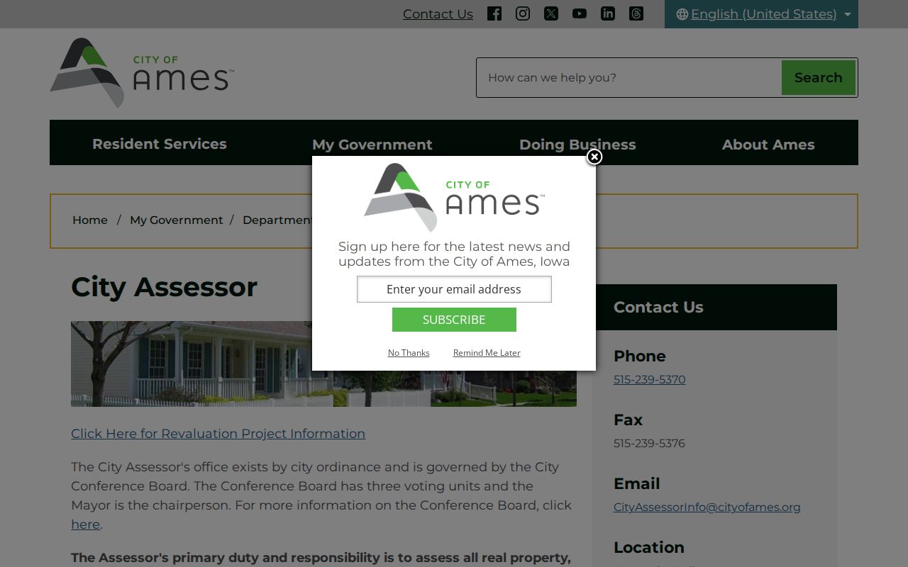 Ames City Assessor property-search page used to compare parcel and mailing ZIP codes